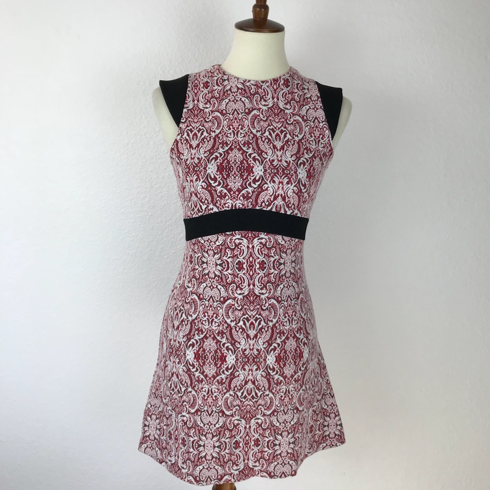 Zara Red & White Patterned Sleeveless Fit-and-Flare Dress with Black Accents